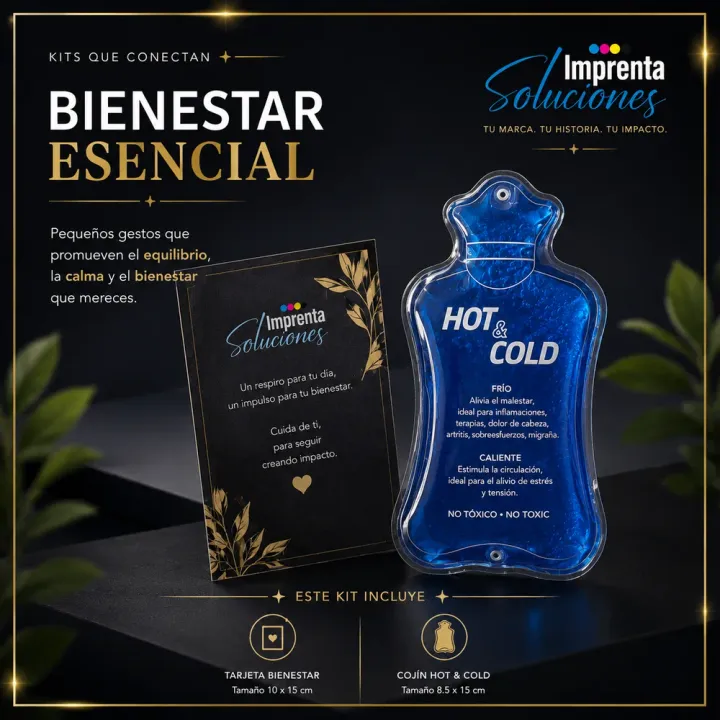 Kit de bienestar Esencial con cojín Hot and Cold y tarjeta de bienestar personalizados