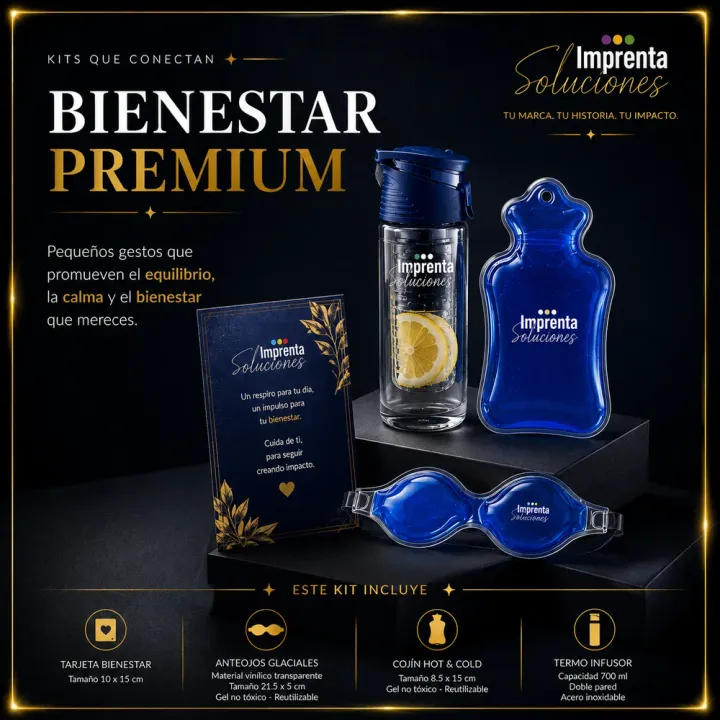 Kit de bienestar Premium con cojín, antifaz, termo Detox y tarjeta con chocolate