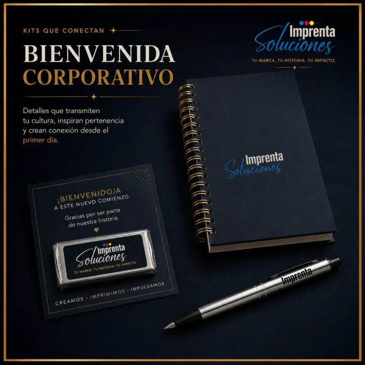 Kit de bienvenida Corporativo con tarjeta, cuaderno argollado y lapicero con tu marca