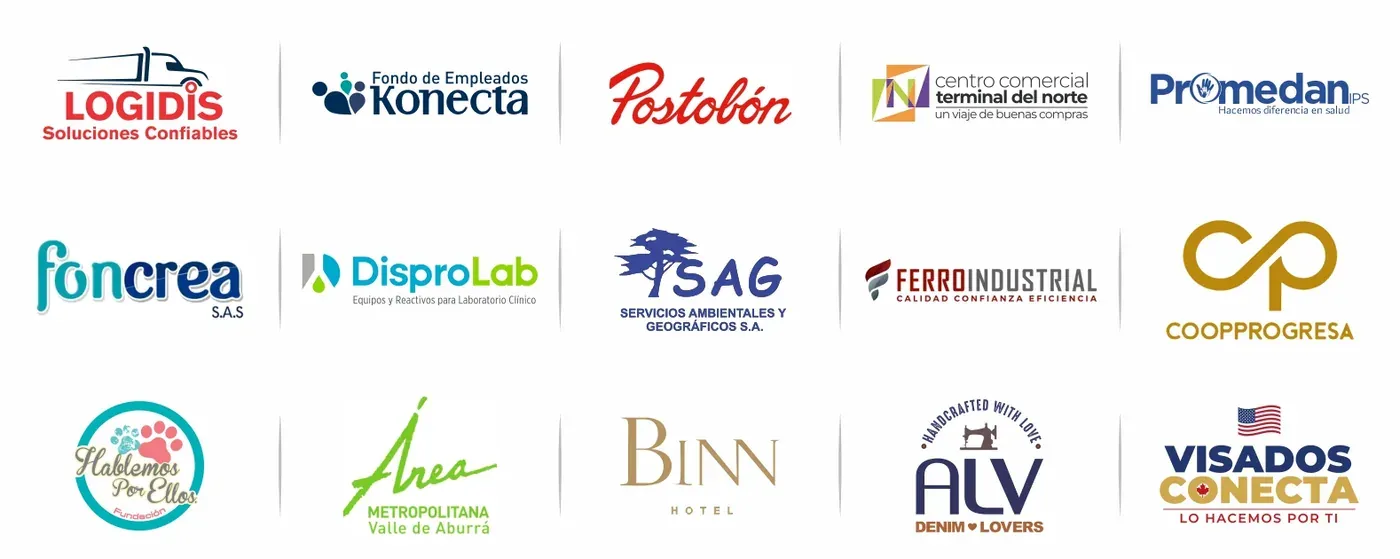 Logos de empresas clientes de Imprenta Soluciones, entre ellas Logidis, Konecta, Postobón y Grupo ALV