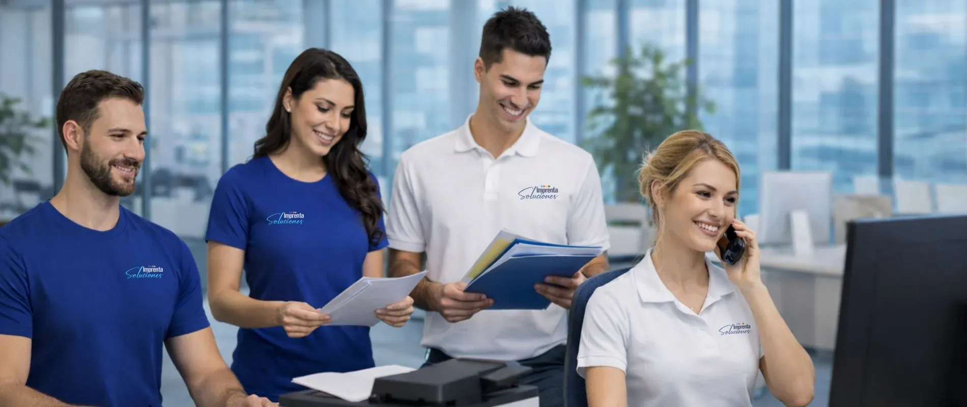 Equipo de trabajo uniformado con camisas corporativas con logo en una oficina de Medellín
