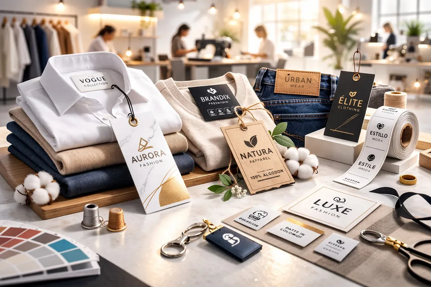 Etiquetas colgantes y adhesivas personalizadas para ropa y marcas impresas en Medellín