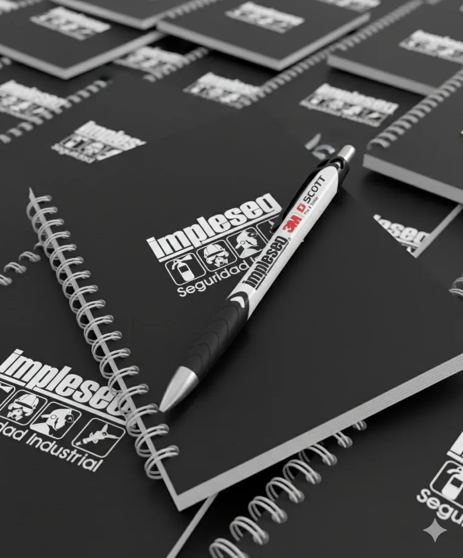 Cuaderno argollado negro con lapicero marcado con logo, trabajo impreso en Medellín
