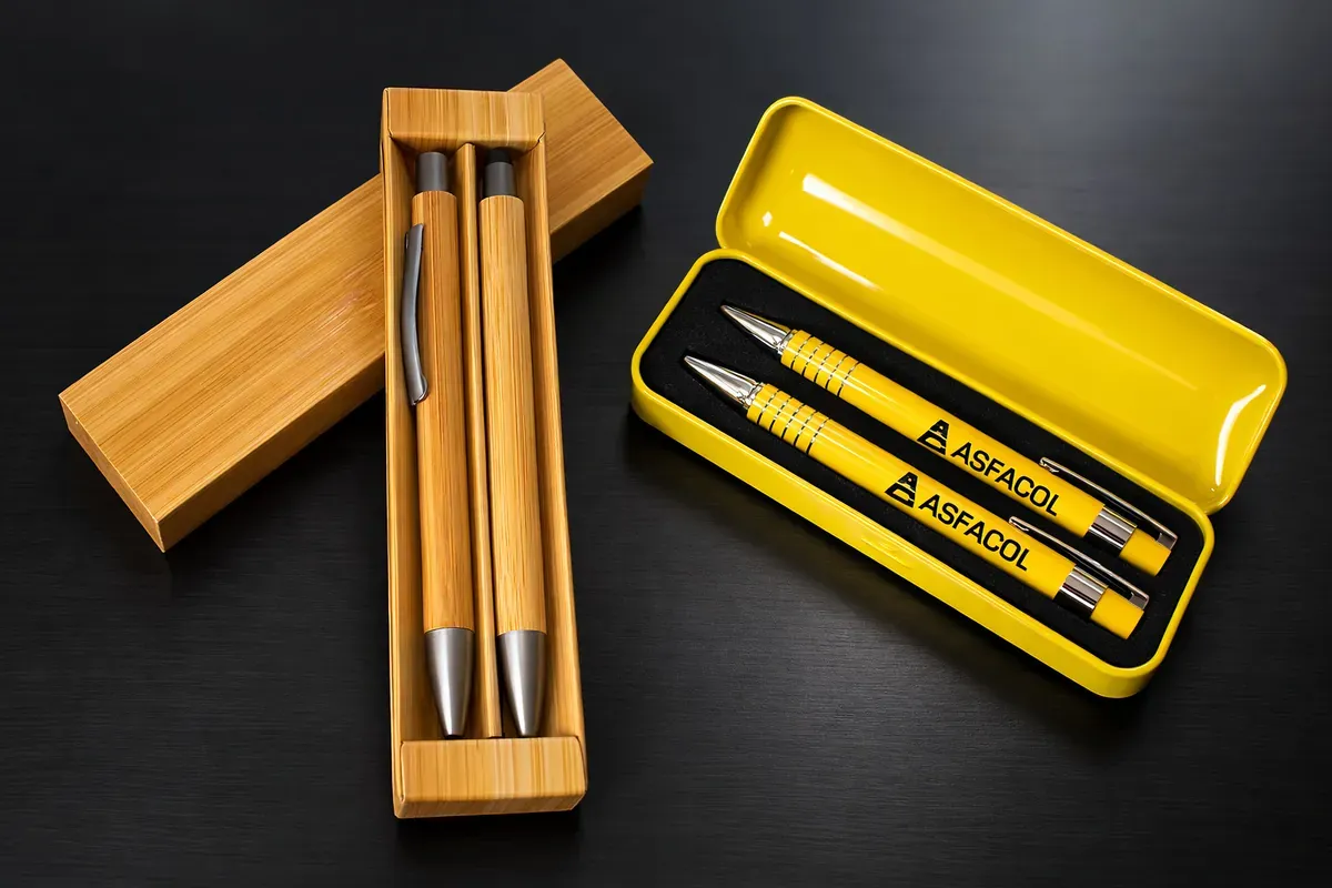 Estuches con lapiceros de bambú y metálicos amarillos marcados con logo corporativo