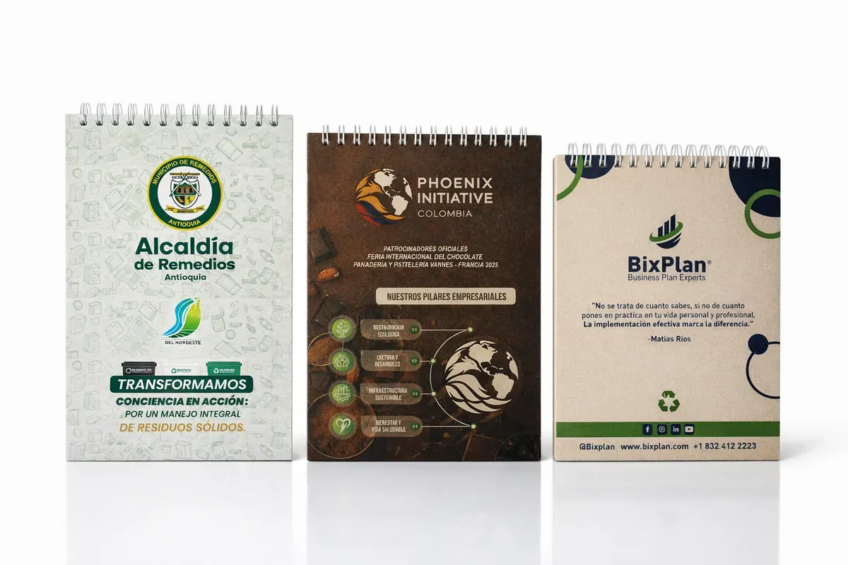 Libretas de notas con espiral y portadas diseñadas para distintas entidades en Medellín