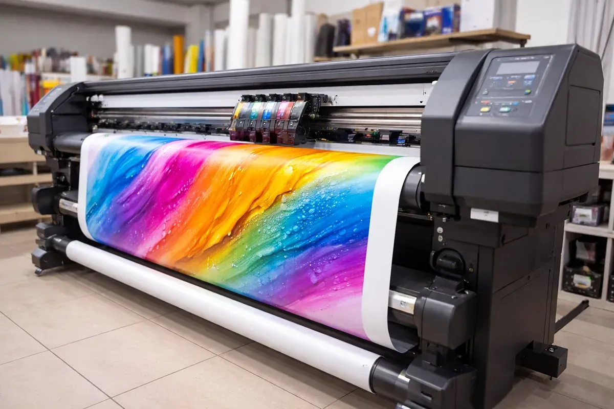 Máquina de impresión de gran formato imprimiendo un rollo a todo color en Medellín