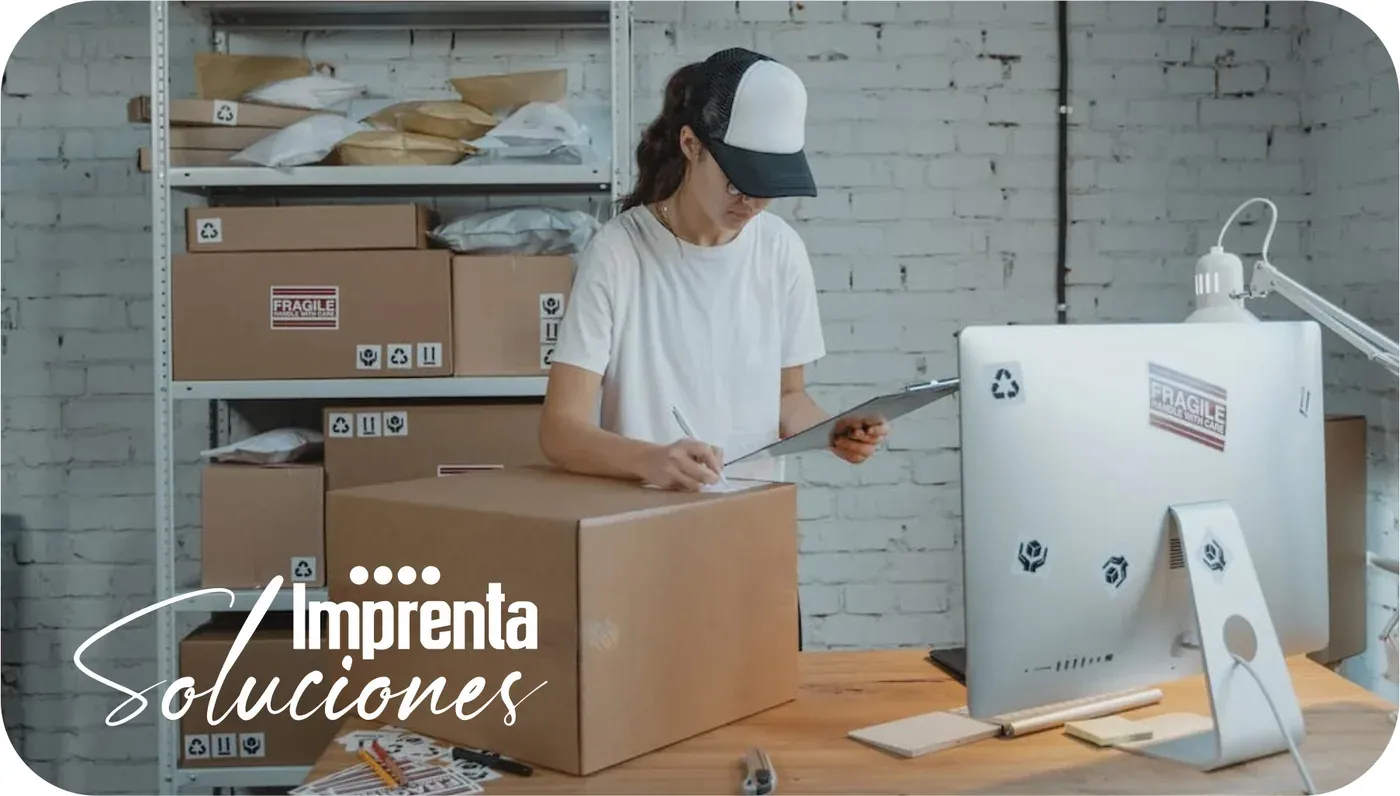 Empaque de pedidos impresos para empresas en el taller de Imprenta Soluciones en Medellín