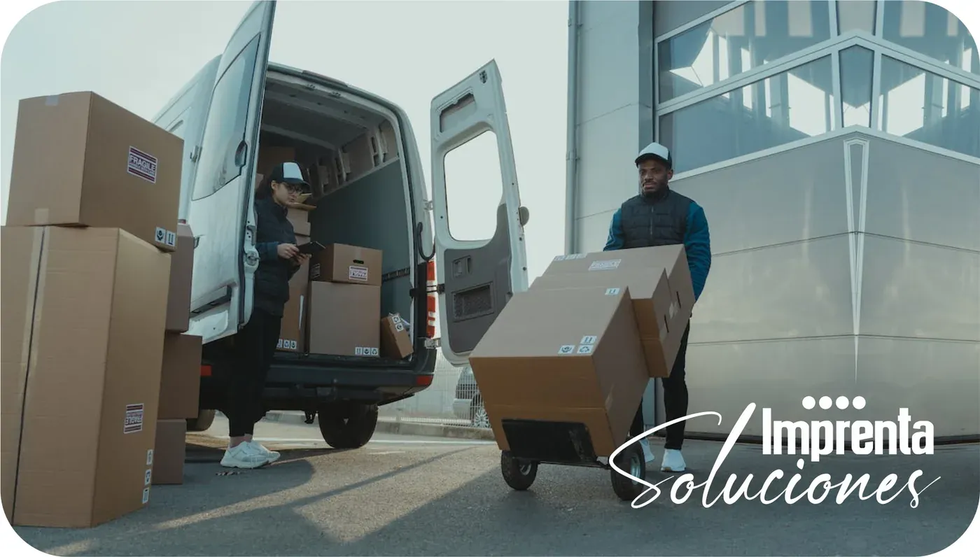 Entrega de pedidos impresos de Imprenta Soluciones en furgoneta para clientes en Medellín