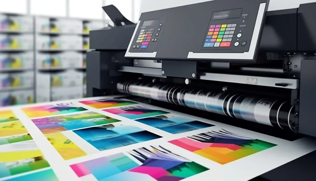 Máquina de impresión digital produciendo pliegos a todo color para empresas en Medellín