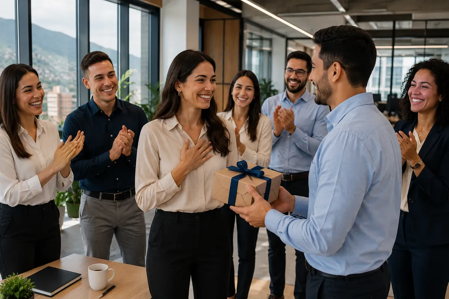 Equipo corporativo celebrando con kits corporativos de Imprenta Soluciones