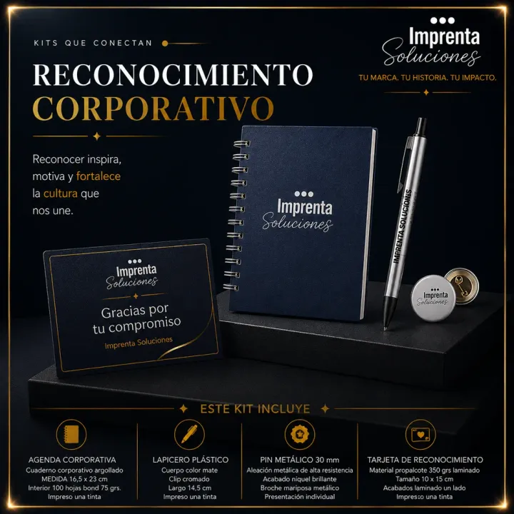 Kit de reconocimiento Corporativo con pin, agenda, lapicero y tarjeta con tu marca