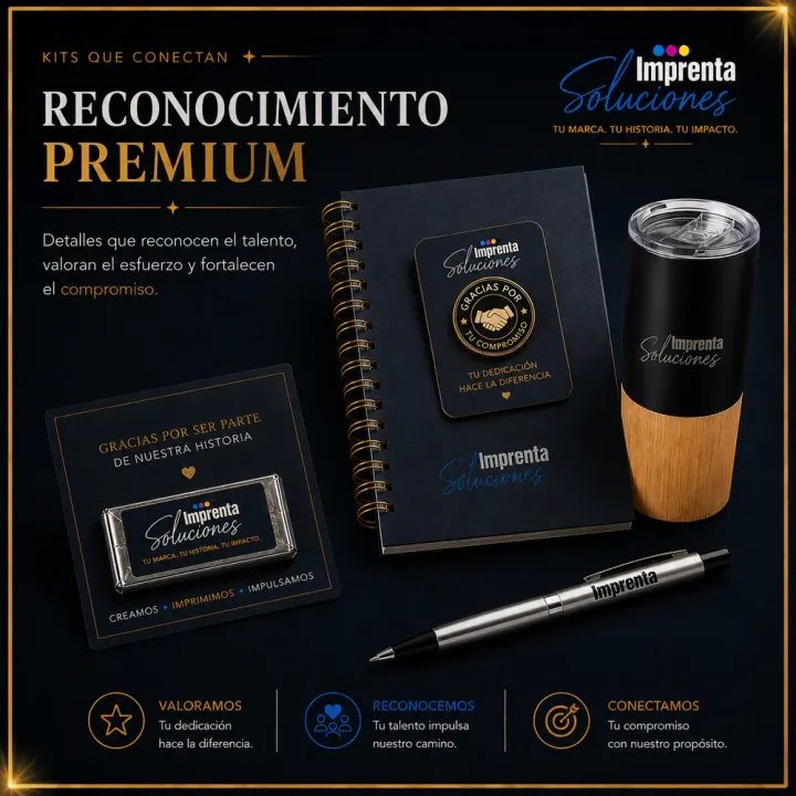 Kit de reconocimiento Premium con pin, agenda, lapicero, termo de bambú y tarjeta